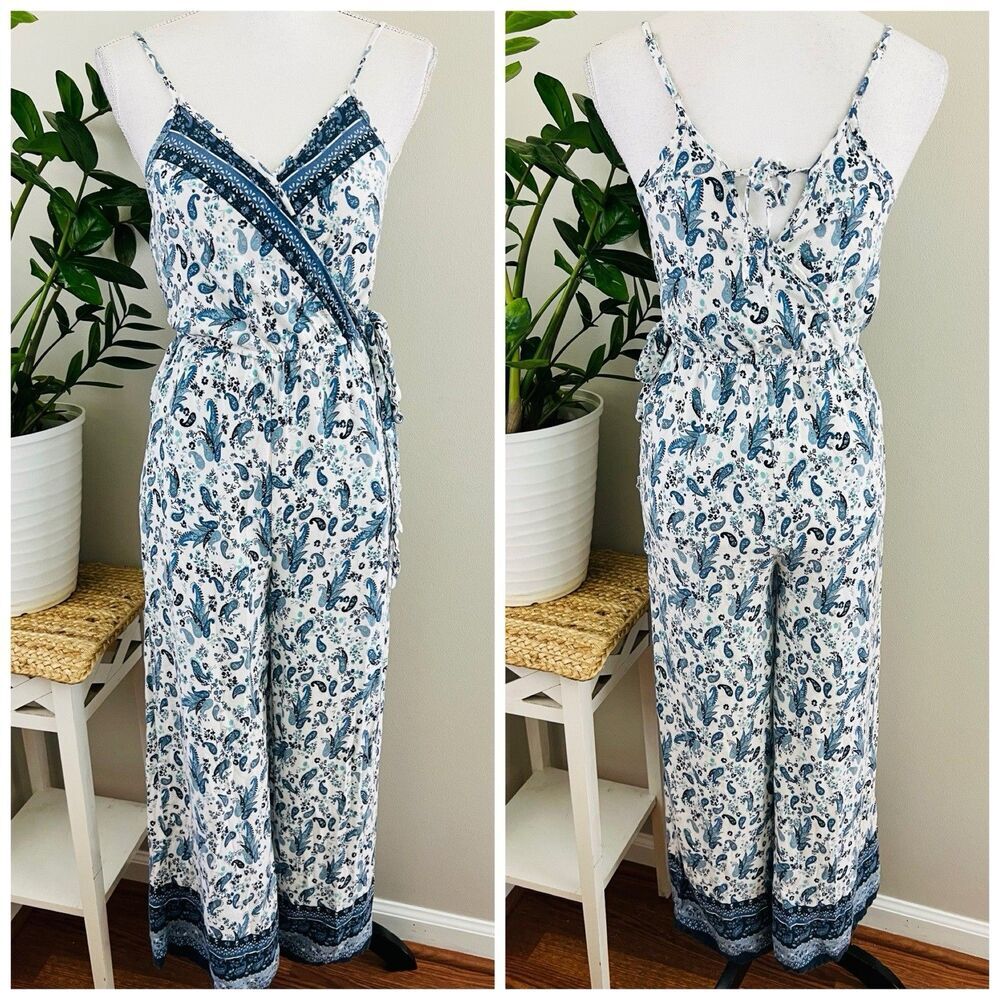Japna Blue & White Floral Lacy Soft Flowy Boho Jumpsuit Summer Festival ~ Small
